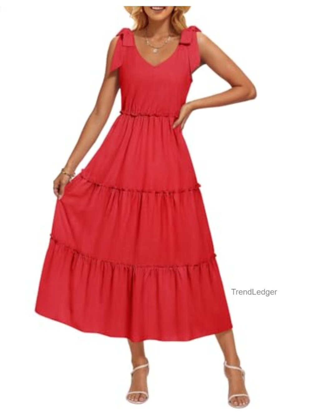 Summer Midi Dress Spaghetti Strap Tie Shoulder Ruffle A-Line